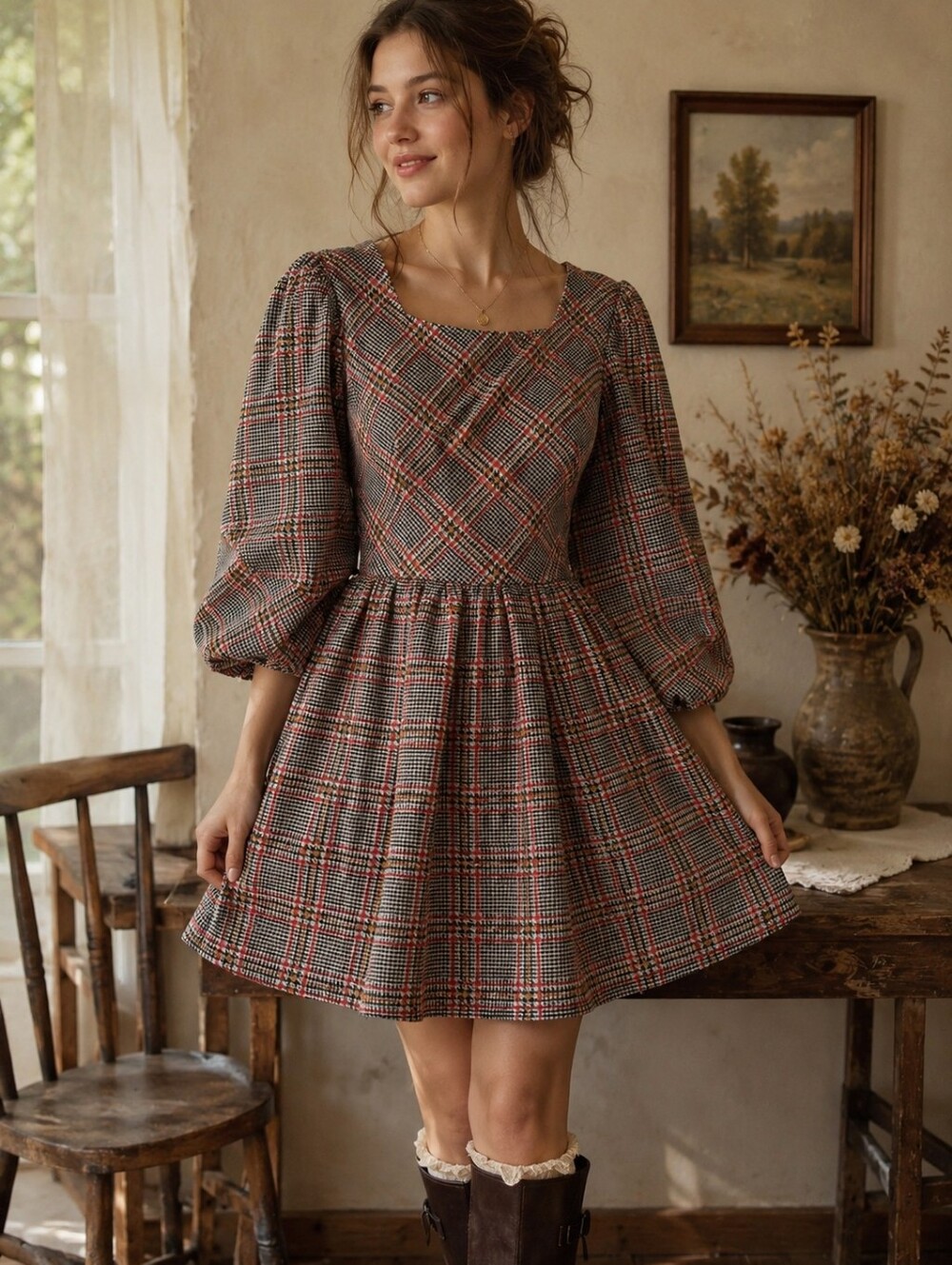 Vintage Wool Prarie Cottagecore Handmade Puff-Sleeve Mini Tunic Plaid Dress